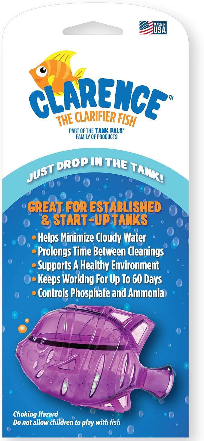 Clarence the Clarifier Fish - 1 pk, Purple - Aquarium Treatment, Clear Cloudy Fresh-Saltwater, Fish-Plant Safe, 10gal Tank Maintenance Each | Fish-shaped filter media, fresh & saltwater safe, controls ammonia & phosphate, up to 60 days per 10 gal