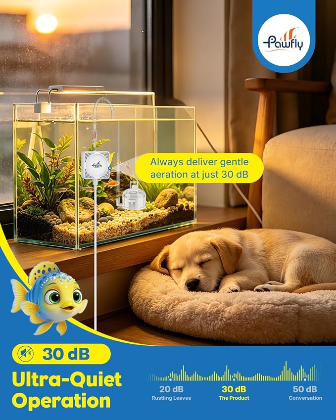 Pawfly 27 L/H Aquarium Air Pump, Compact Air Pump Suitable for 1–15 Gallon Fish Tanks | 1.3W Ultra Quiet Portable Fish Tank Oxygen Aerator Air Pump Kit with Mini Sponge Filter, Air Tubing, Air Stone, Check Valve