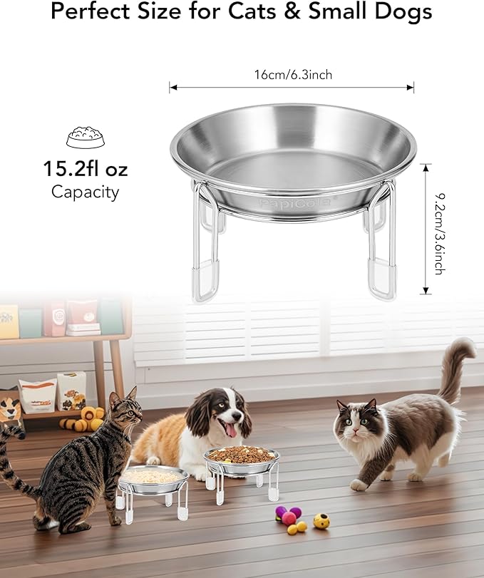Elevated cat Bowl, 6.3" Wide Raised Stainless Steel Cat Food and Water Dishes, Small Dog Bowl, Whisker Friendly, Anti-Vomiting, Neck Stress-Free, Non-Slip Stainless Steel Stand with 4 Legs- 3Pack