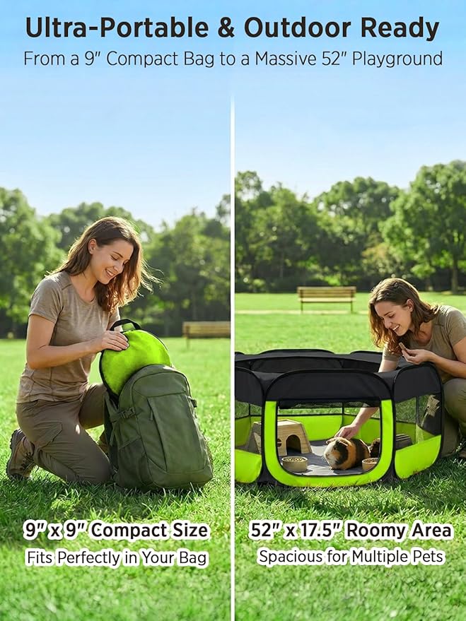 UWE Extra Large Small Animal Playpen, XL Portable Pet Playpen for Rabbit, Kitten, Guinea Pig, Hamster, Puppy – Waterproof Foldable Mesh Tent with Zipper Cover, Indoor Outdoor Use,Light Green
