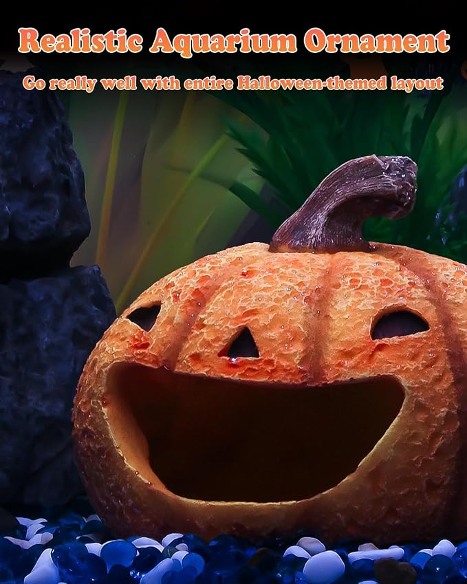 Uniclife Halloween Aquarium Decoration Resin Pumpkin House Ornament Halloween Fish Tank Pumpkin Decoration for Aquarium Landscape Reptile Hideout Hideaway Spawning Cave for 5-20 Gallon Fish Tanks