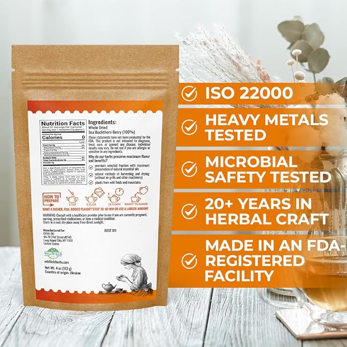 4 oz. Sea Buckthorn Berry Herbal Tea (Hippophae rhamnoides) – 113g Dried Sea Buckthorn Berries Té de Espino Amarillo