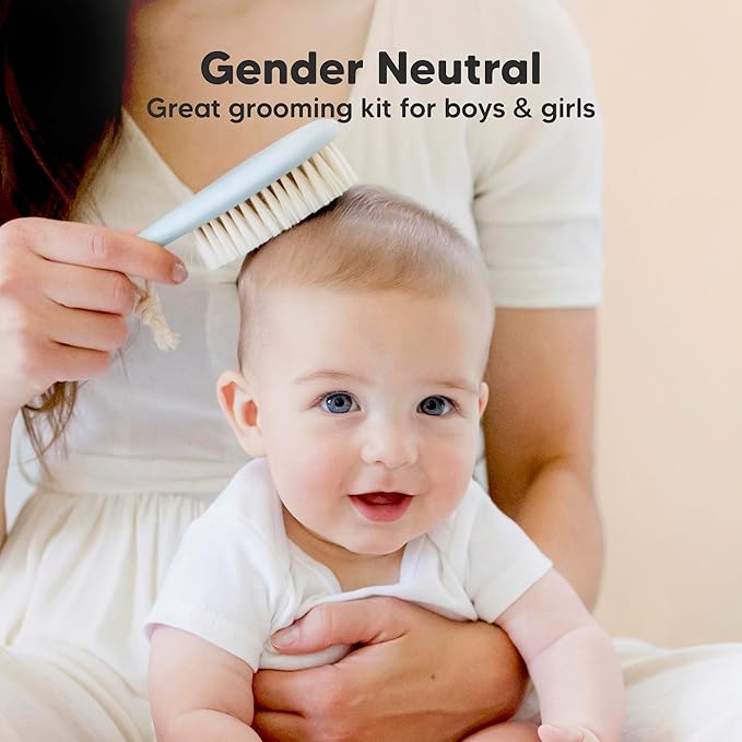 Baby Hair Brush Set for Newborns - Soft Goat Bristle Wooden Baby Brush and Comb Set Newborn Grooming Kit for Cradle Cap, Durable & Gentle, Boy, Girl Infant Essentials Care Kit (Regular, Frost)