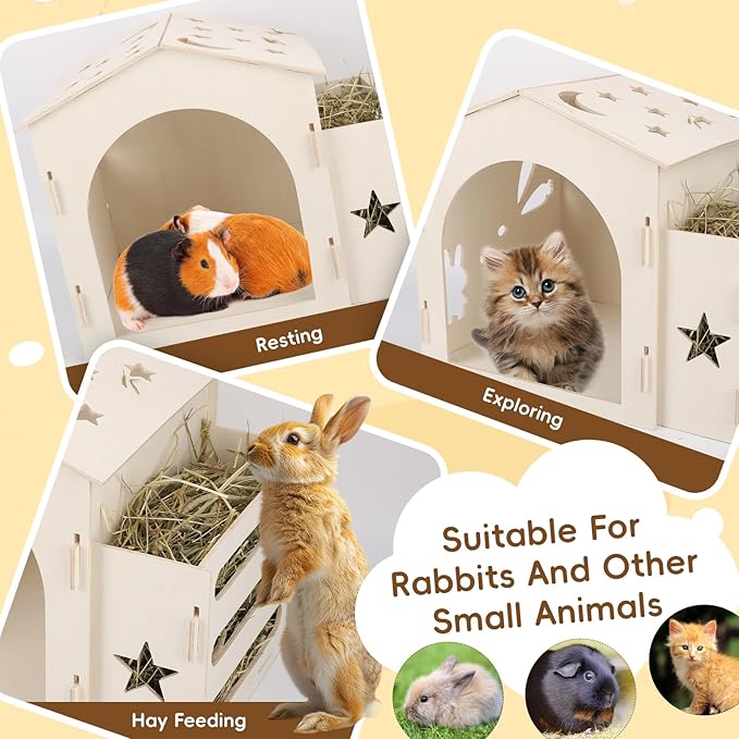 Medium Rabbit Castle, Wooden Bunny House & Hay Feeder, Detachable Rabbit Hideaway, Indoor Hamster Castle, Small Animal Houses & Habitats for Guinea Pig Chinchilla Ferret(1 House with Feeder)