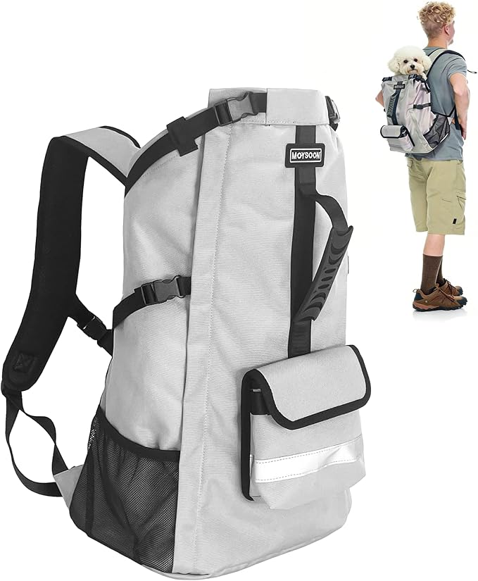 Dog Backpack Carrier for Small Dogs - 4-Layer Protection, Under 24 lb, Waterproof, Adjustable Dog Hiking Backpack with Storage Pockets, Reflective Strips, Non-Slip Handle for Travel - Grey