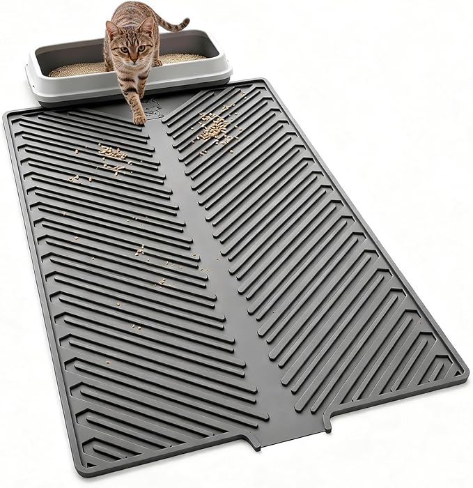 Cat Litter Mat, Large 34" x 22" Litter Trapping Mat, Silicone Litter Mat for Litter Box, Waterproof Foldable & Easy Clean, Scatter Control, Soft on Paws, Gray