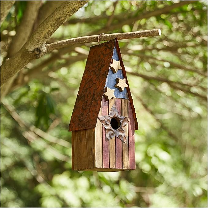 Glitzhome Bird House for Outdoors, 12.5 Inch Wooden Bird House Patriotic USA Distressed Hanging Birdhouses for Bluebird Cedar Wren Chickadee Sparrow Bird Nest Box for Garden Patio