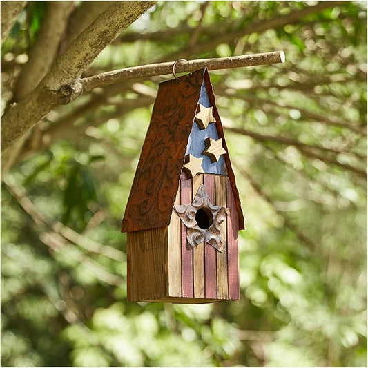 Glitzhome Bird House for Outdoors, 12.5 Inch Wooden Bird House Patriotic USA Distressed Hanging Birdhouses for Bluebird Cedar Wren Chickadee Sparrow Bird Nest Box for Garden Patio