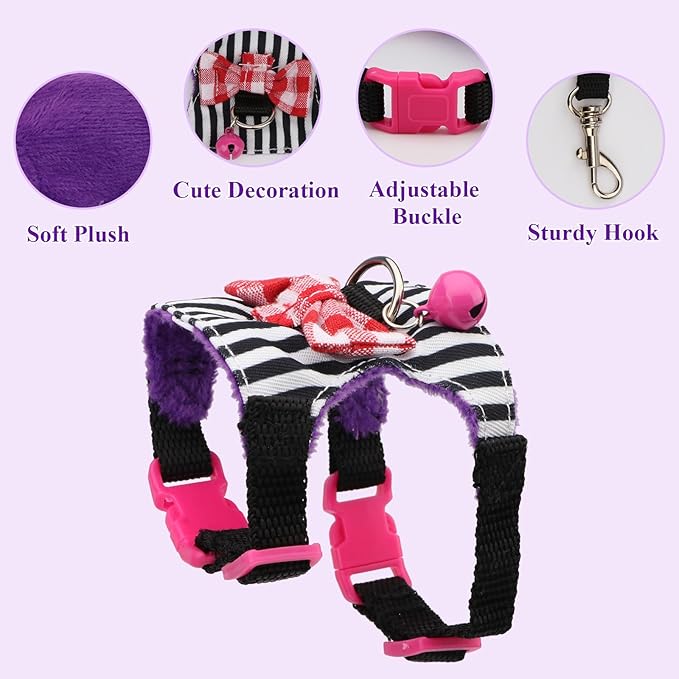 Hypeety Small Animal Harness Vest and Leash Set Soft Mesh Small Pet Harness Hamster Rabbit Chest Back Outdoor Leash Traction Rope for Ferret Guinea Pig Kitten Clothes Accessory (M, Black Stripe)