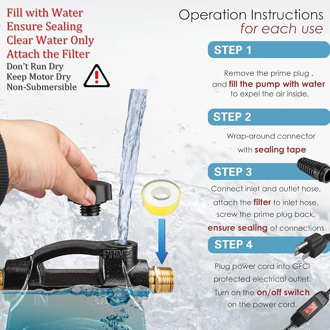 Water Transfer Pump, KITLUCK 120V 1/2 HP 1500GPH Cast Iron Portable Electric Utility Water Pump, Heavy Duty High Pressure Transfer Pump with ON/OFF Switch, Suction Strainer and Brass Connectors