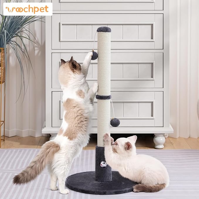 Woochpet 33'' Tall Cat Scratching Post for Adults Cats, Sturdy Large Scratch Pole with Hanging Ball with Fun Mouse Hole, Scratching Posts for Indoor with Durable Natural Sisal Rope (Darkgrey)