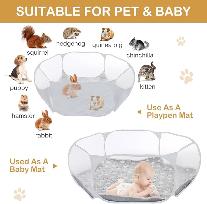VitalCozy Hamster Playpen with Mat Small Animal Cage Tent Breathable Transparent Guinea Pig Playpen Waterproof Portable Yard Fence Mat Foldable Exercise Playpen Outdoor Indoor (Gray,Star)