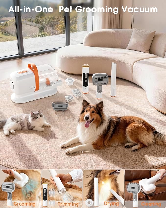 LOMMOL 6-in-1 Dog Grooming Kit, Pet Grooming Vacuum with Dog Clippers, 2.2L Dust Cup Dogs Vacuum with Dryer Function, Low Noise Upgrade Dog Grooming Vacuum with 6 Tools for Home Pet Hair, Orange