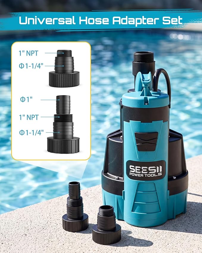 SEESII 1HP Automatic Submersible Water Pump - 5548 GPH High Flow | Auto/Manual Modes, Sump Pump with Dry Run Protection for Fast Water Removal from Pools, Hot Tubs, Basements, Ponds and Yards