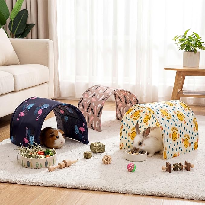 BreezeHug 4 Pcs Guinea Pig Tunnel Foldable Rabbit Hideout Washable and Soft Bunny Hide House Ferret Tunnel Toys Cage Accessories for Small Animal Hamster Hedgehogs Chinchilla (Cute Pattern)