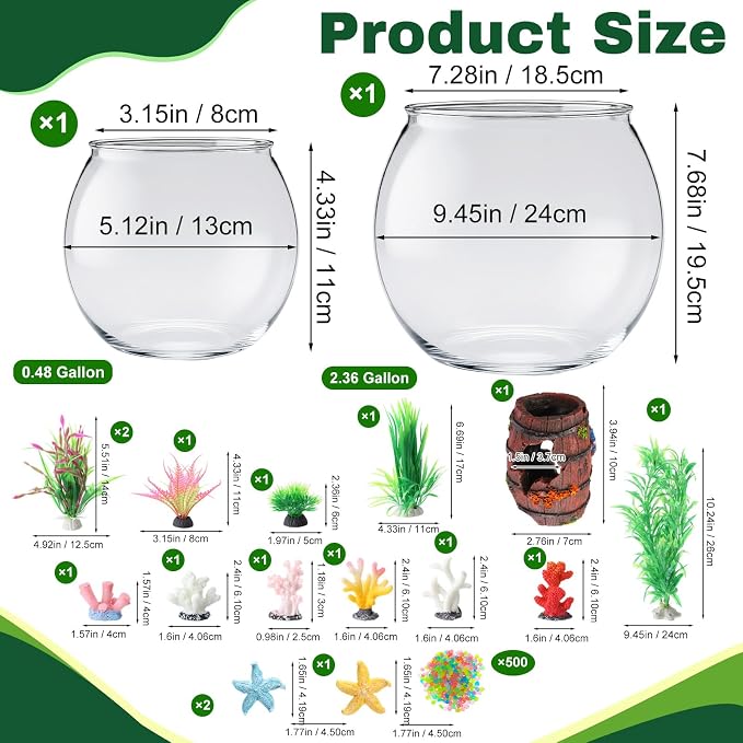 Cinnvoice 521 Pcs Plastic Fish Bowls Starter Kit, 1.5 Gallon & 0.27 Gallon Round Shatterproof Aquarium with Luminous Stones, Artificial Plants, Decor for Betta Goldfish, Small Fish Tank for Office