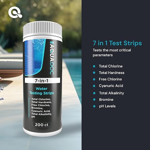 AquaDoc 7-in-1 Pool, Spa & Hot Tub Test Strips - 200 pH Strips | Tests pH, Chlorine, Bromine, Alkalinity, Hardness And Cyanuric Acid in Pools & Hot Tubs