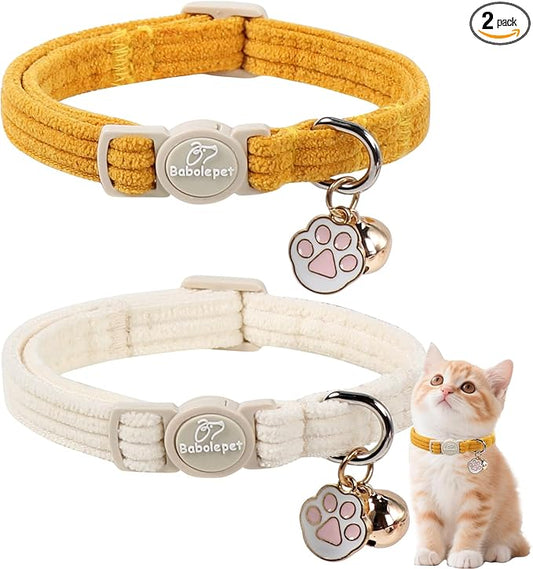 2 Pack Corduroy Cat Collars - Cute Breakaway Cat Collar with Bell and Paw Pendant, Soft Adjustable Fall Winter Kitten Collars for Girl Boy Cats, Yellow&White