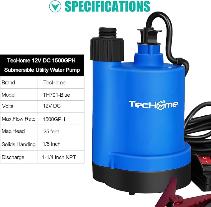 TecHome 12v Sump Pump Submersible Water Pump Water Transfer Pump. | 1500GPH, with 20 Feet Power Cord.