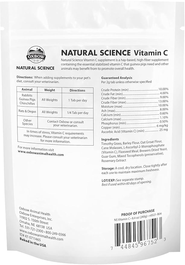Oxbow Natural Science Vitamin C Tablets for Guinea Pigs, Rabbits & Chinchillas – Daily Immune Support Supplement, Timothy Hay-Based, Veterinarian Recommended, Made in USA, 8.4 oz (2 Pack)