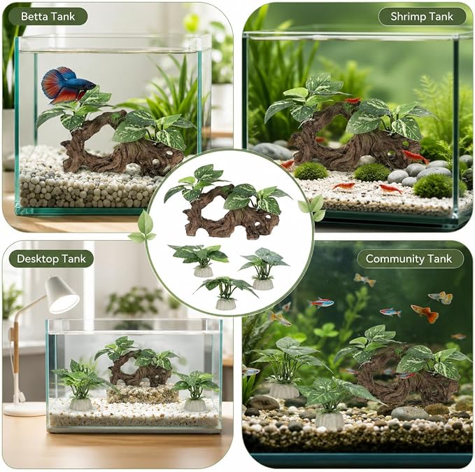 Garneck 4pcs Betta Fish Tank Decor: Driftwood Aquarium Ornament Hideout Cave Shelter Freshwater Realistic Resin Decoration Hiding Spaces Betta Shrimp Habitat Desktop Aquarium Landscaping