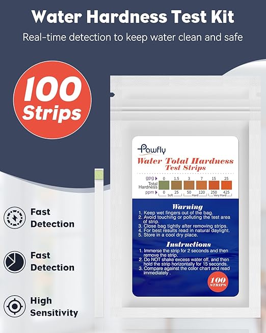 Pawfly Hardness Test Kit - 100 Strips for Drinking, Tap, Well, Pool & Spa Water - Quick & Accurate Calcium & Magnesium Test (0-425 PPM)