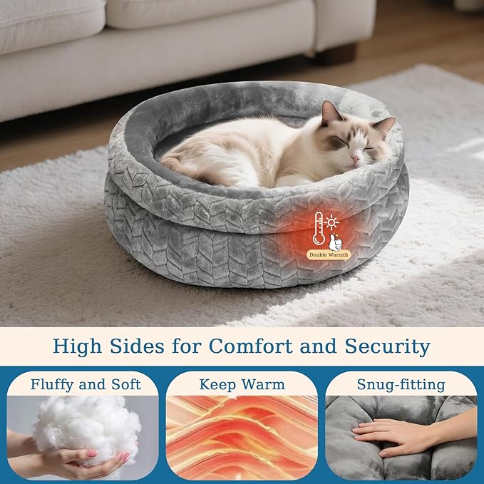 Dual-Layer Donut Cat Bed - Fluffy Round Bed for Small Pets - Ultra-Soft Cat Donut Bed for Cozy Sleep (Grey, 16 * 16 * 5.5 inch / 40 * 40 * 14 cm)