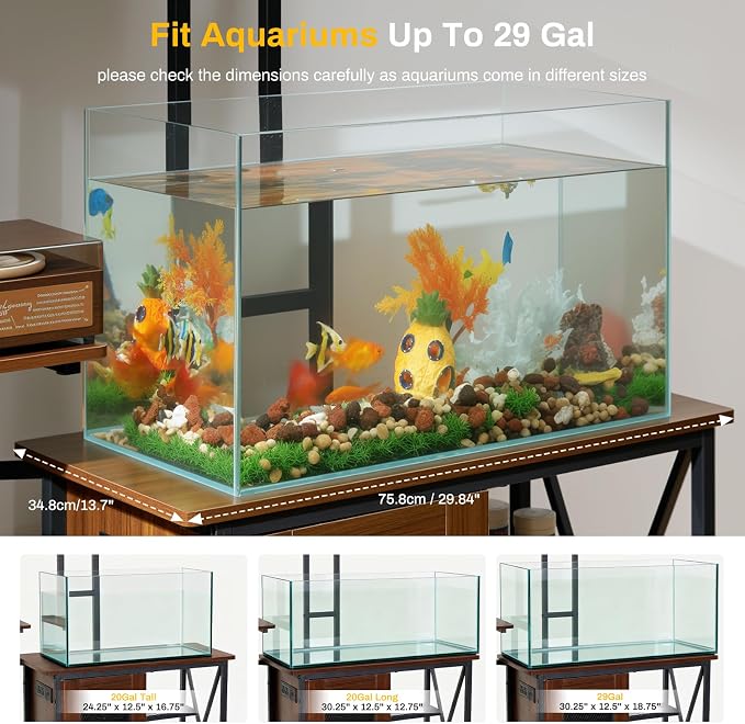 20-29 Gallon Fish Tank Stand with Plant Shelf, 2-in-1 Walnut Aquarium Stand | Built-in Power Outlet, Full Spectrum LED Grow Light, Adjustable Storage Shelves, Stable Metal Frame for Home Use