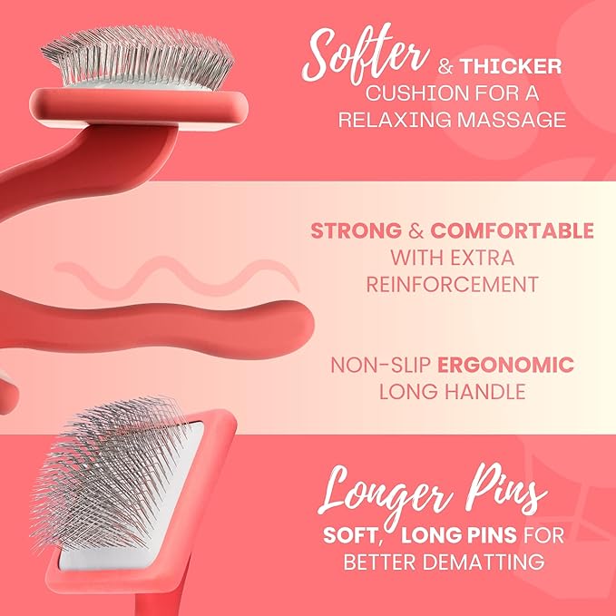 Flying Pawfect Dog Slicker Brush for Grooming Pet Hair - Best Slicker For Poodle & Golden Doodle - Long Haired Tool For Dogs - Goldendoodle Long Pin Brush For Dematting (Coral, Flat Large)