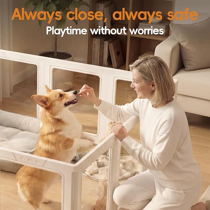 JEKO&JEKO Clear Acrylic Dog Playpen Indoor, Transparent Pet Play Pen for Puppies, Small Dogs, Cats & Rabbits, Easy Assemble Plastic Dog Fence, Easy to Clean (White, 8 Panels)