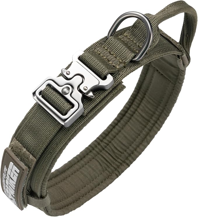 EXCELLENT ELITE SPANKER Tactical Dog Collar Nylon Adjustable Training Collar Military Dog Collar Heavy Duty Metal Buckle with Control Handle for Medium and Large Dogs with Patches(Ranger Green-L)