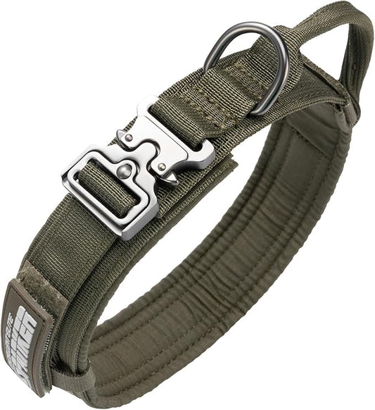 EXCELLENT ELITE SPANKER Tactical Dog Collar Nylon Adjustable Training Collar Military Dog Collar Heavy Duty Metal Buckle with Control Handle for Medium and Large Dogs with Patches(Ranger Green-M)
