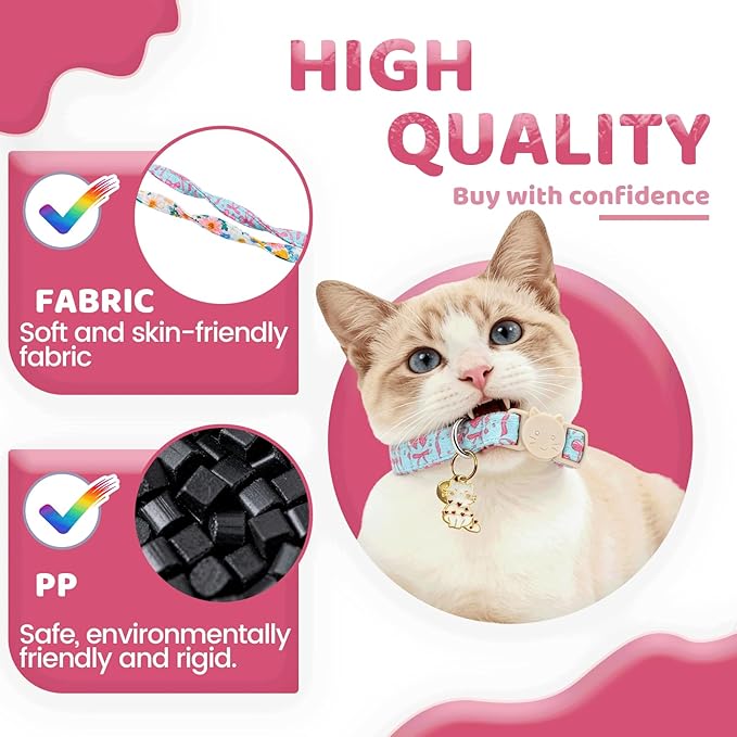 Elegant little tail 2 Pack Cat Collar- Spring Print Cotton Breakaway Cat Collars with Bell Pendant Kitten for Girl Safety Adjustable Collar for Small Cats Puppy