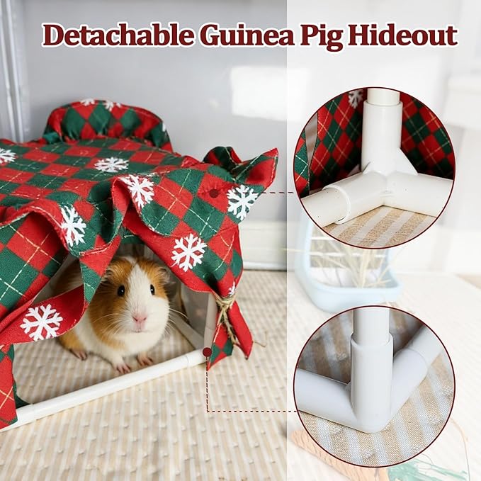 Guinea Pig Hideout Guinea Pig Tunnel Bed House Cave Detachable Guinea Pig Hiding Hut with Curtain for Chinchilla Ferret Hedgehog Hamster Cavy (Red and Green)