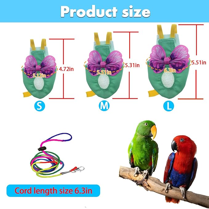 Bird Diapers Harness and Leash Parrot Diapers Parrot Flight Clothes Suit Bird Clothes Washable Bird Nappy Recovery Diapers for Small Medium Birds Parakeets Parrot Cockatoos Cockatiel Macaws-Small