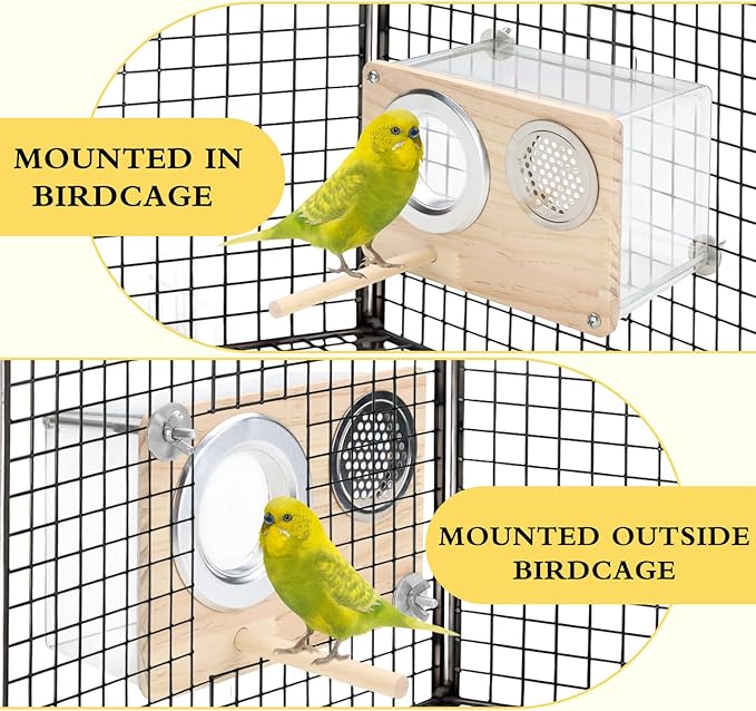 Parakeet Nesting Box for Cage, High-Transparent PET Parakeet Nest, Versatile Bird Houses for Canary, Lovebird and Parrot, Bird Boxes for Nesting with Wood Perch, Bird Cage Accessories (S, Rectangle)