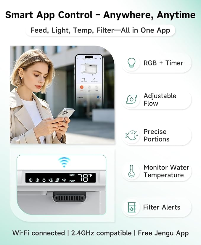 M1 5 Gallon Aquarium Starter Kit, App Control Smart Fish Tank with Filter, Auto Feeder, Quiet Pump, Timer Light, Temp Display, Crystal-Clear Glass Desktop Betta Tank for Guppy Shrimp, White