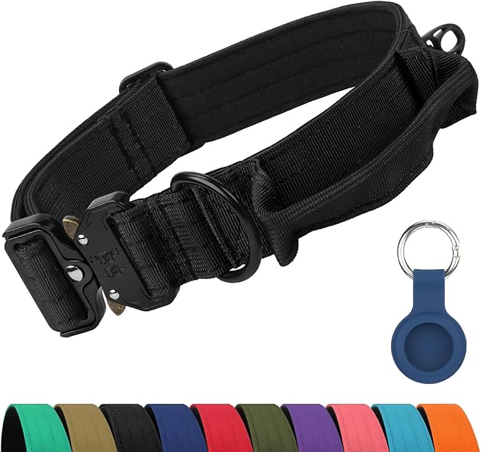 Joytale Tactical Dog Collar for Large Dogs with Control Handle, Heavy Duty Military Training Collar for Power Breeds, AirTag Holder Case, Quick Release Metal Buckle, Soft Padded, L, Black