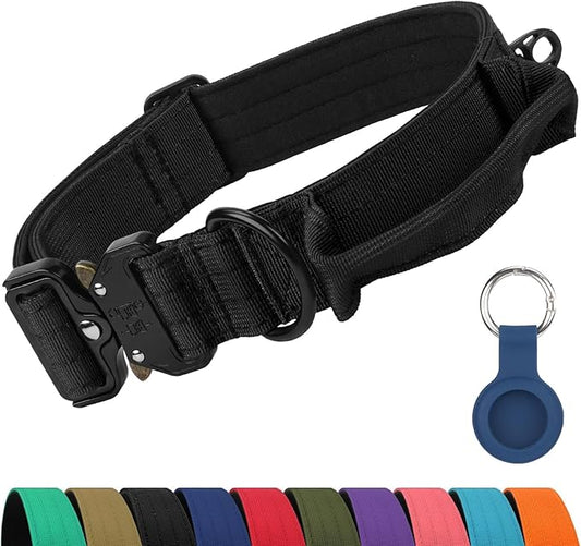 Joytale Tactical Dog Collar for X-Large Dogs with Control Handle, Heavy Duty Military Training Collar for Power Breeds, AirTag Holder Case, Quick Release Metal Buckle, Soft Padded, XL, Black