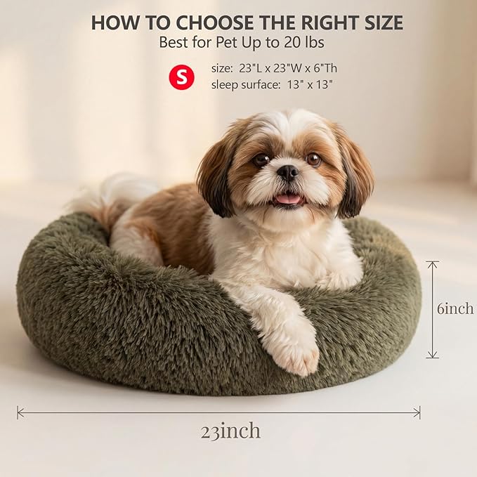 Calming Donut Dogs Beds for Small Dogs Washable,23inch Plush Round Pet Bed for Cozy Sleep,Fluffy Faux Fur Large Cat Bed,Fits up to 25 lbs Pets,Army Green