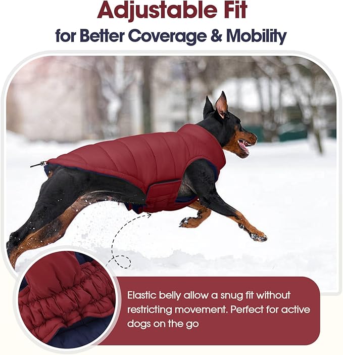 QBLEEV Reversible Dog Winter Coat, Waterproof Windproof Warm Jacket with Adjustable Hook & Loop Design, Lightweight Puffer Vest for Medium Dogs, Wine Red, M – Fits Pug, Beagle, Corgi