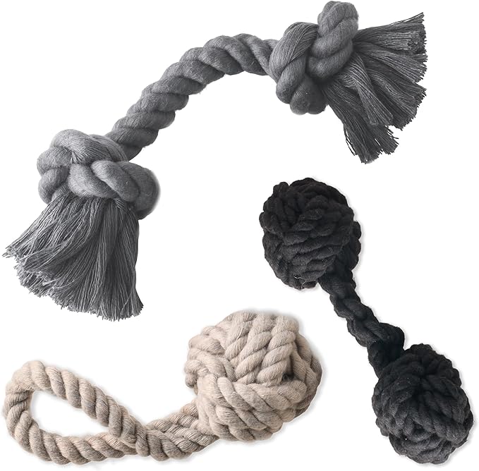 Pet Passion Brady The Rope Tug Toy 3-Pack Organic Cotton Dog Rope Pull Toys for All Pet Breeds, Black Ombre, One Size