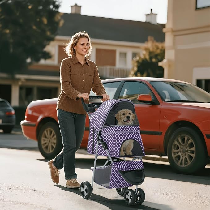 Pet Stroller for Small Dogs 10 lbs, Dog Stroller for Medium Dogs 30 lbs, Cat Strollers for 2 Cats, 3 Wheels Foldable Jogger Puppy Stroller with Storage Basket and Cup Holder, Purple Polka Dots