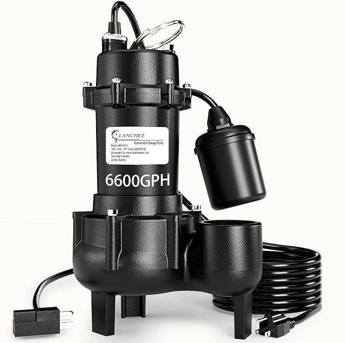 LANCHEZ 1HP 6600 GPH Submersible Sewage Pump, Heavy Duty Cast Iron Effluent Pump with Automatic Tethered Float Switch, Sump Pump for Sump Basin, Basement, Residential, 2" NPT Discharge