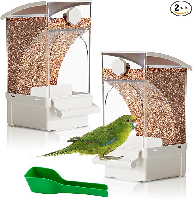 Hamiledyi 2Pcs Automatic Birds Feeder No Mess Bird Cage Feeder Transparent Acrylic Parrot Seed Food Container with Perch Bird Cage Accessories for Parakeet Finch Lovebirds Budgies Canary (White)