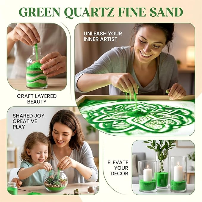 RAINFLOW 15 OZ Fine Green Sand for Crafts - Colored Quartz Zen Garden Sand Decorative for Vases Filler, Wedding Unity Ceremony, Incense Burner, Ritual Incense
