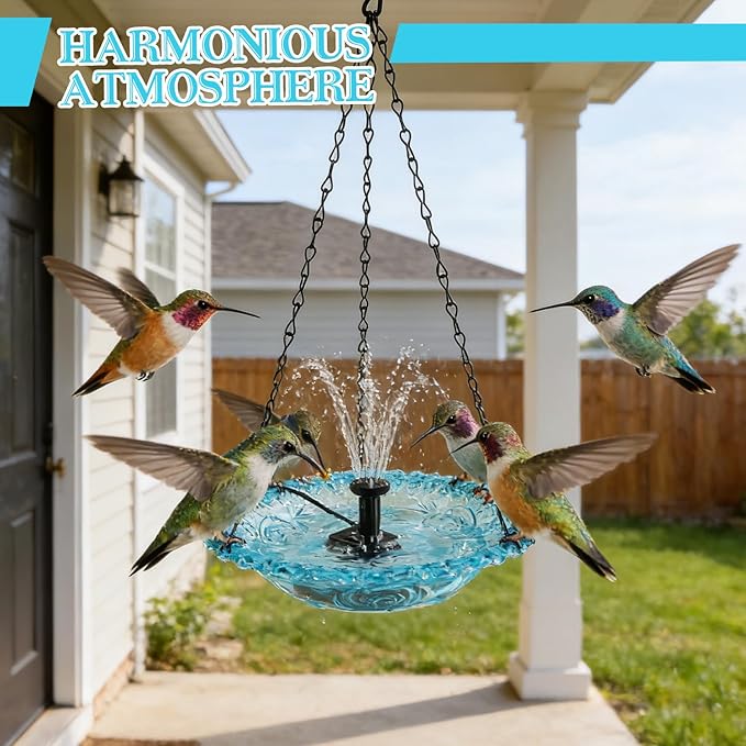 Hanging Bird Bath Fountain, Cascading Outdoor Water Fountain, Hanging Bird Bath with Flowing Water, USB-Powered Water Feature for Garden, Patio, Yard Decor, USB-Powered Single-Layer, Blue