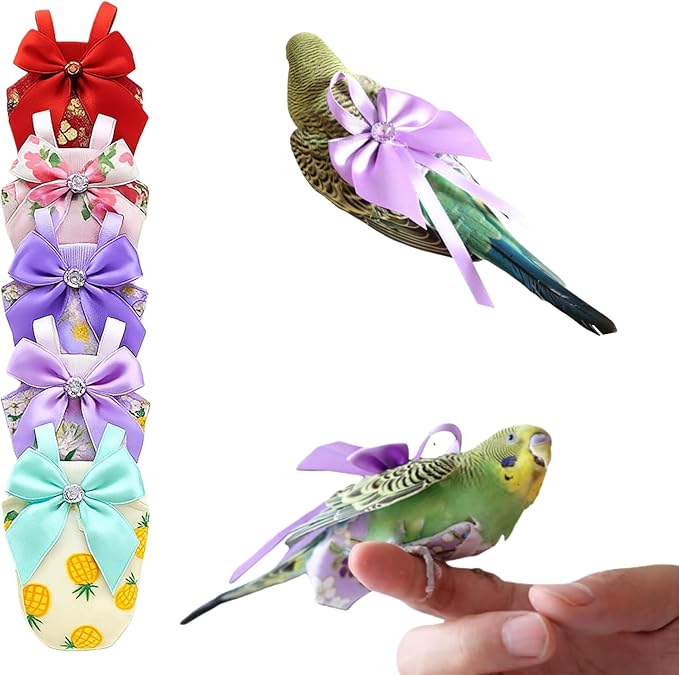 6pcs Bow Bird Diaper Set, Soft Reusable Flight Suit Clothing for Parrots Budgies Cockatiels — Cleaner Indoor Bonding & Training(S)(L)