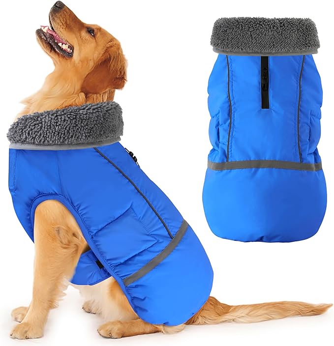 Dogcheer Warm Dog Coat, Waterproof Dog Jacket Christmas Puppy Winter Coat with Buckle, Reflective Adjustable Pet Snow Jacket Turtleneck Fleece Sweater for Small Medium Large Dogs - Blue, M