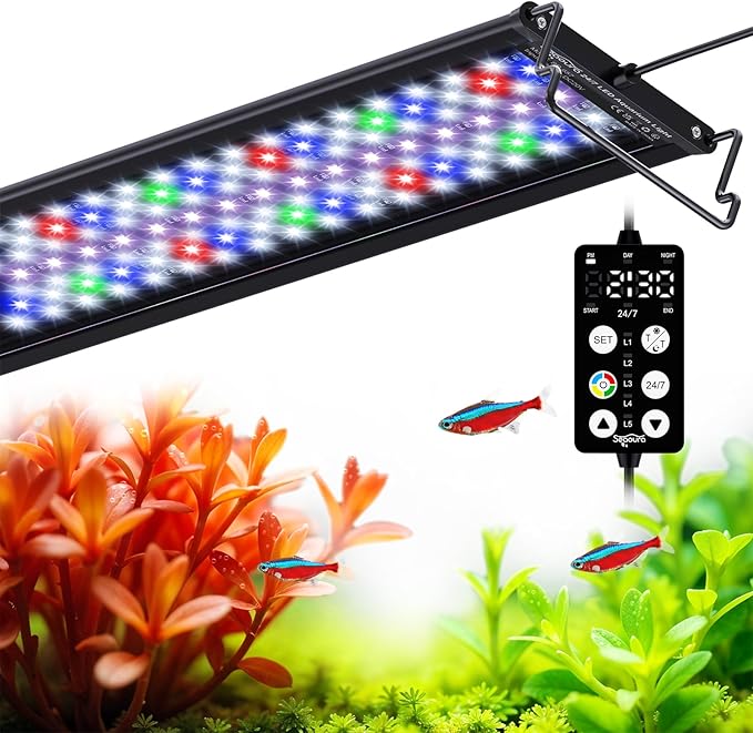 SEAOURA LED Aquarium Light, 24/7 Custom Timer, Power-Off Memory,7-Row LED 18-24in Full Spectrum Fish Tank Light, 8 Colors, 20 Brightness, Day&Night Cycle, Adjustable Mount for Freshwater Plant Growth